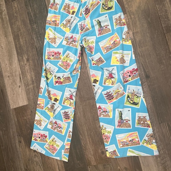 Nick & Nora Sock Monkey Tourist Pajama Pants Womens Medium Paris Japan Alamo - Picture 7 of 8